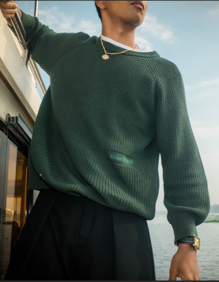 MOSS Knit | Green Manifest Embroidery Roundneck Sweatshirt